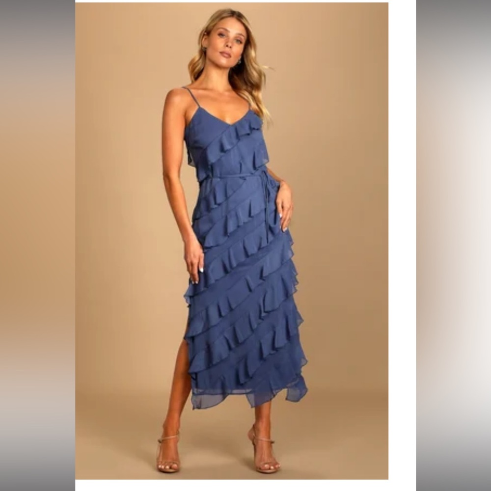 Lulu’s — Love the Look Dusty Blue Tiered Ruffled Midi Dress